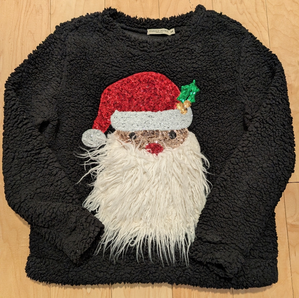 Chance or Fate Sequin Fuzzy Santa Ugly Christmas Holiday Sweater